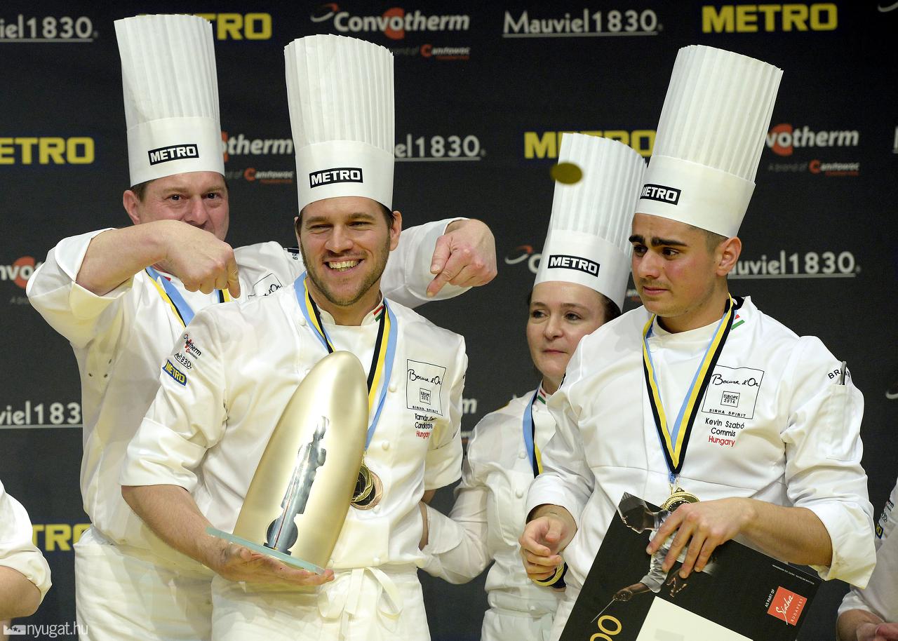 Budapest, 2016. május 11. Balról jobbra: Vomberg Frigyes, Széll Tamás, Szulló Szabina és Szabó Kevin, a gyõztes magyar csapat tagjai a Bocuse dOr szakácsverseny európai döntõjének eredményhirdetésén a Hungexpo Budapesti Vásárközpontban 2016. május 11-én. Az európai döntõn húsz ország legjobb séfjei közül választják ki azt a 11-et, akik indulhatnak a 2017-es lyoni világdöntõn. MTI Fotó: Kovács Tamás